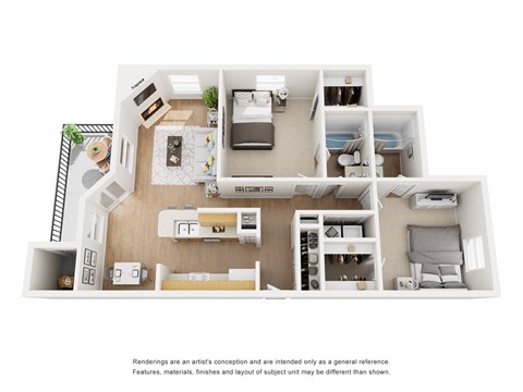 Floor plan for 2 beds, 2 baths, 987 sqft